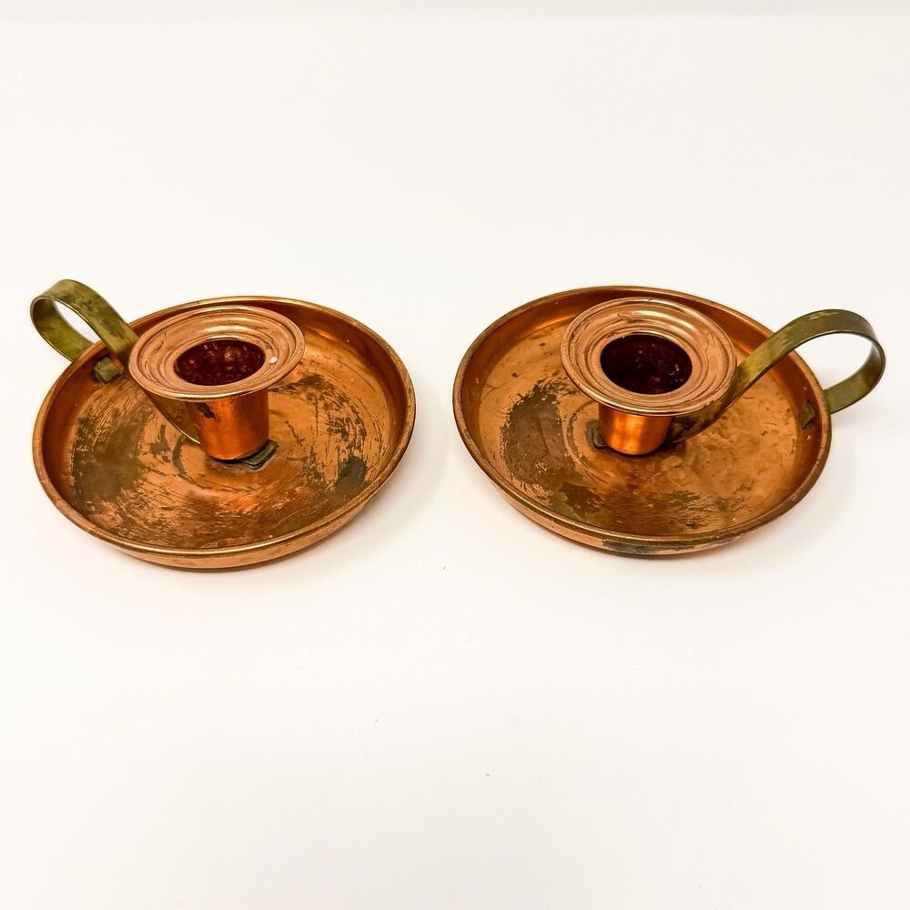 Vintage Coppercraft Guild Copper & Brass Chamberstick Candle Holders Pair Patina